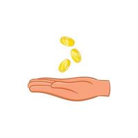 Hand and falling coins icon, cartoon style vector