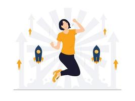 Enthusiastic happy Businesswoman jumping with rocket start up concept illustration vector