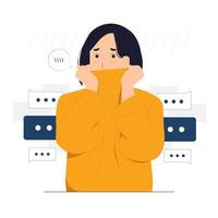 Timid woman hiding behind her shirt covering face with hand and peeking through, embarrassing, feeling sorry, shying concept illustration vector