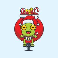 linda rana llevando regalo de navidad con motocicleta. linda ilustración de dibujos animados de navidad. vector