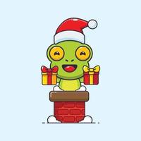 Cute frog with santa hat in the chimney. Cute christmas cartoon illustration. vector