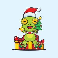 Cute frog holding star and christmas tree. Cute christmas cartoon illustration. vector