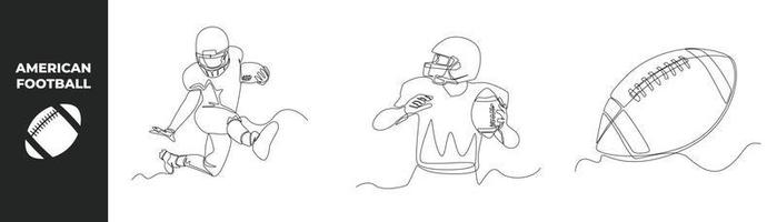 Continuous one line drawing American football set concept. American football sportsman player and American football ball. Single line draw design vector graph.