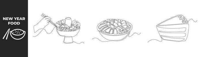 Single one line drawing new year food set concept. Hand ready to enjoy delicious hotpot together and foods other. Continuous line draw design graphic vector illustration.