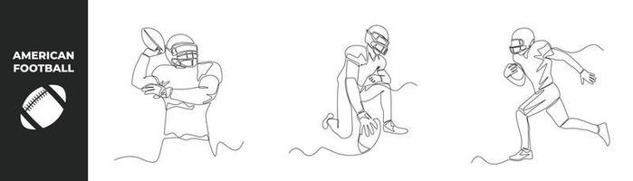 Continuous one line drawing American football set concept. Various poses of American Football Players in playing Single line draw design vector graph.