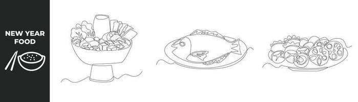 concepto de conjunto de alimentos de año nuevo de dibujo de una sola línea. suntuosas comidas caseras preparadas para la comida de reunión familiar de año nuevo. ilustración de vector gráfico de diseño de dibujo de línea continua.