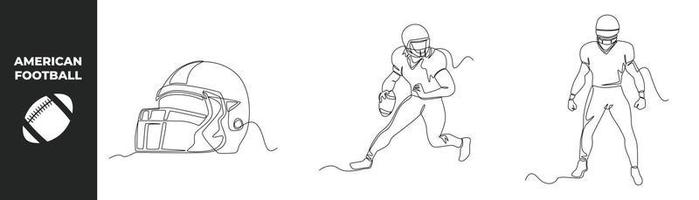 Continuous one line drawing American football set concept. Football helmet sport and American football sportsman player. Single line draw design vector graph.