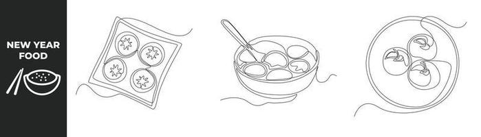 Single one line drawing new year food set concept. Various cakes for new year food and rice balls in porcelain bowl. Continuous line draw design graphic vector illustration.