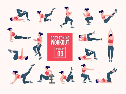 Women Workout Set. women exercise vector set. Women doing fitness and yoga exercises. Lunges, Pushups, Squats, Dumbbell rows, Burpees, Side planks, Glute bridge, Leg Raise, Russian Twist .etc