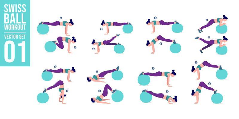 Women Workout Set. women exercise vector set. Women doing fitness and yoga exercises. Lunges, Pushups, Squats, Dumbbell rows, Burpees, Side planks, Glute bridge, Leg Raise, Russian Twist .etc