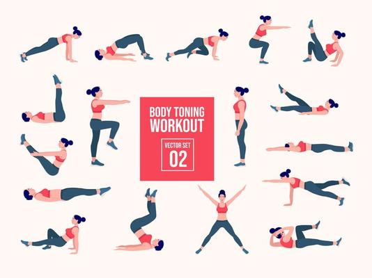 Women Workout Set. women exercise vector set. Women doing fitness and yoga exercises. Lunges, Pushups, Squats, Dumbbell rows, Burpees, Side planks, Glute bridge, Leg Raise, Russian Twist .etc