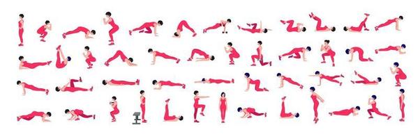 Women Workout Set. women exercise vector set. Women doing fitness and yoga exercises. Lunges, Pushups, Squats, Dumbbell rows, Burpees, Side planks, Glute bridge, Leg Raise, Russian Twist .etc