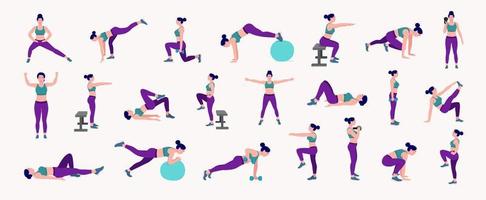 Workout girl set. Woman doing fitness and yoga exercises. Lunges and squats, plank and abc. Full body workout. vector