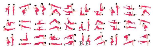 Women Workout Set. women exercise vector set. Women doing fitness and yoga exercises. Lunges, Pushups, Squats, Dumbbell rows, Burpees, Side planks, Glute bridge, Leg Raise, Russian Twist .etc