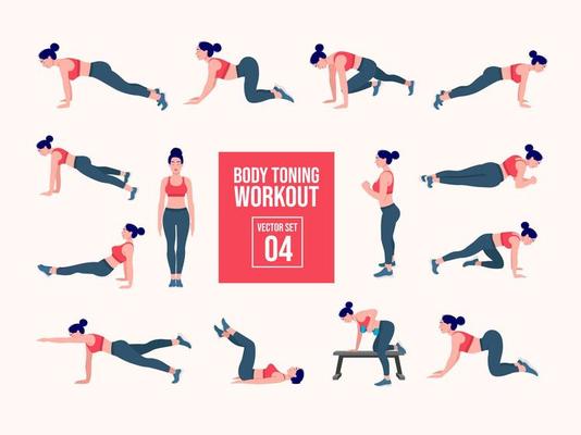 Women Workout Set. women exercise vector set. Women doing fitness and yoga exercises. Lunges, Pushups, Squats, Dumbbell rows, Burpees, Side planks, Glute bridge, Leg Raise, Russian Twist .etc