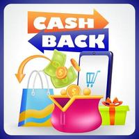 Cash Back. 3d illustration of women's wallet, gift, smartphone, money and shopping bag vector