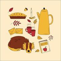 Set of cute Autumn elements. Hello Autumn, fall season icons collection. Hand drawn vector doodle.