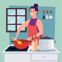 mujer cocinando con cuenco vector