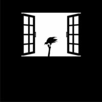 Black Vulture Bird on the Window Silhouette. Creepy, Horror, Scary, Mystery, or Crime Illustration. Illustration for Horror Movie or Halloween Poster Design Element. Vector Illustration