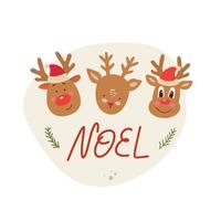 renos con palabra noel, diseño de tarjeta de feliz navidad. vector