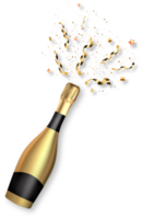 bouteille de champagne dorée avec des confettis de fête png