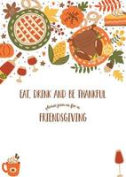 Thanksgiving party invitation template with thanksgiving dinner turkey, pumpkin pie, food, table setting design. Cute autumn festival flyer decorated fall leaves, pumpkin vector illustration, poster.