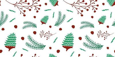 Botanical, organic pattern seamless with pine cones and branches. Green, color. Vector illustration