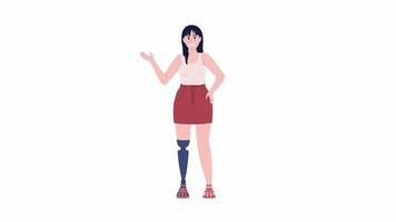 personagem animada com deficiência. mulher com prótese sobre implante. pessoa plana de corpo inteiro em fundo branco com transparência de canal alfa. filmagens de vídeo hd de estilo cartoon colorido para animação video