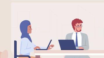 Animated office meeting illustration. Woman with laptop talking to colleague. Business conference. Looped flat color 2D cartoon characters animation video in HD with office on transparent background