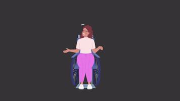 personaje discapacitado animado. mujer hablando en silla de ruedas. persona plana de cuerpo completo sobre fondo negro con transparencia de canal alfa. imágenes de video hd de estilo de dibujos animados coloridos para animación