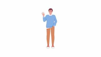 Animated greeting man character. Student waving hand. Full body flat person on white background with alpha channel transparency. Colorful cartoon style HD video footage for animation