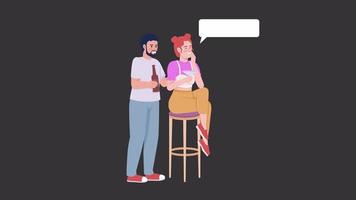 Animated party guests characters. Man and woman with drinks. Full body flat people on black background with alpha channel transparency. Colorful cartoon style HD video footage for animation