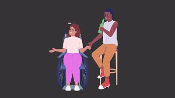 Animated disabled support characters. Lady in wheelchair with friend. Full body flat people on black background with alpha channel transparency. Colorful cartoon style HD video footage for animation