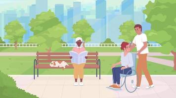 pessoas animadas na ilustração do parque. homem empurrando amigo cadeira de rodas. velha lendo jornal. vídeo de animação de personagens de desenhos animados 2d de cor plana em loop em hd com jardim em fundo transparente video