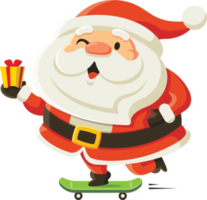 Fröhliche Weihnachten. Der süße und mollige Weihnachtsmann liefert ein Weihnachtsgeschenk, indem er ein Skateboard fährt. Weihnachtsmann-Charakter png