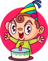 caricatura, lindo, feliz, niño, llevando, fiesta, sombrero, para, celebrar, cumpleaños, con, pastel de cumpleaños png