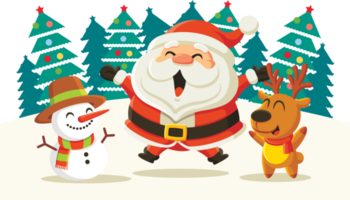 glad jul hälsning kort med tecknad serie santa claus, ren och snögubbe i snö och jul träd landskap png
