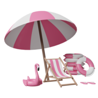 summer sea beach with beach chair, umbrella, Inflatable flamingo, pile of stacked lifebuoy, sandals isolated. summer travel concept, 3d illustration or 3d render png