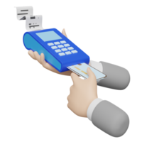 máquina de pago 3d o terminal pos con mano de hombre de negocios con tarjeta de crédito, pago electrónico de facturas, factura o recibo de cheque en papel aislado. ilustración de procesamiento 3d png