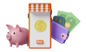 wallet and orange mobile phone or smartphone with store front, coins, dollar banknote, piggy bank, credit card isolated. saving money concept, 3d illustration or 3d render png