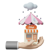 businessman hands hold shop or store front with umbrella ,cloud, drop rain water isolated. protect startup franchise business concept, 3d illustration or 3d render png