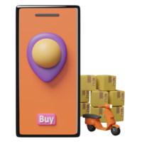 3d orange mobile phone or smartphone with pin, scooter, goods cardboard box, buy label tag isolated. Online delivery or online order tracking concept, 3d render illustration png