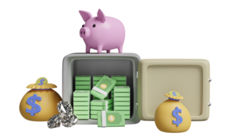 Safe und Sparschwein mit Geldsack, Diamant, Dollar-Banknotenstapel isoliert. business banking oder geldsparkonzept, 3d-illustration oder 3d-rendering png