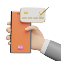geschäftsmannhände, die orange handy, smartphone mit kreditkartenscheck halten, kaufen etikettenetikett isoliert. internet-banking, online-shopping-konzept, 3d-illustration oder 3d-rendering png