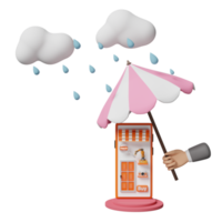 Las manos de un hombre de negocios 3D sostienen un paraguas con un teléfono móvil, una tienda de teléfonos inteligentes, una nube, una gota de agua de lluvia aislada. proteger el concepto de negocio de franquicia de inicio, ilustración de renderizado 3d