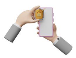 main d'homme d'affaires tenir un téléphone portable ou un smartphone avec un chèque de bouclier doré isolé. sécurité Internet ou protection de la vie privée, concept de protection contre les ransomwares, illustration 3d ou rendu 3d png