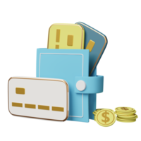 3d blue wallet with credit card, pile of stacked coin, saving money concept isolated. 3d render illustration png