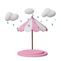 podio de escenario vacío con paraguas, nube, gota de agua de lluvia aislada. concepto de protección y seguridad, ilustración 3d o presentación 3d