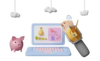 laptop computer with charts, graph, shield, businessman hand, cloud, money, piggy bank isolated. Internet security or privacy protection, ransomware protect concept, 3d illustration, 3d render png