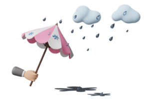 las manos de los hombres de negocios sostienen paraguas con nubes, lluvia caída, salpicaduras de agua aisladas. concepto de protección y seguridad, ilustración 3d o presentación 3d